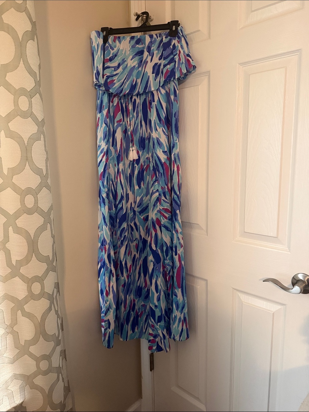 Blue Patterned Strapless Maxi Dress